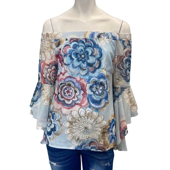 La Pateau Off The Shoulder Long Sleeve Floral Top Blue Size Medium NWT - Picture 1 of 2
